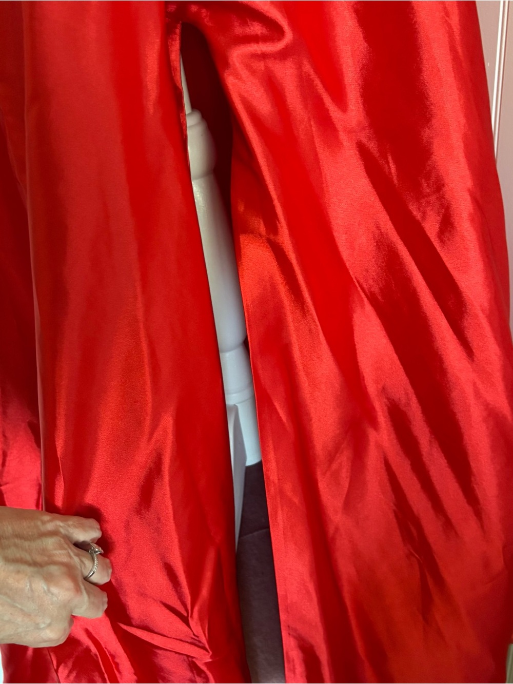 Red Satin A-Line Spaghetti Strap Evening Gown with Criss Cross Back - Picture 3 of 9